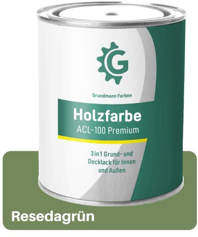 Grundmann Holzfarbe ACL 100 - Holzlack 0,7 Kg Resedagrün - 4in1 inkl. Grundierung - Seidenmatt - Wetterfest für Innen & Außen - RAL 6011 Resedagrün