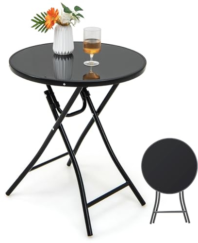 KOMFOTTEU Fällbart Trädgårdsbord, Rund Sidobord Ø 59 cm, Sidobord Utomhus med Härdat Glas Hylla Balkongbord Metallram, För Terrass, Veranda, Pool, Svart
