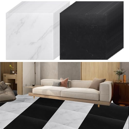 YAYODS 40 Pack Floor Tile Vinyl Flooring, 30x30cm Black and White Self Adhesive Marble Flooring Stickers, Waterproof Peel and Stick Floor Tile for Kitchen Bathroom Living Room and Floor (Each of 20)