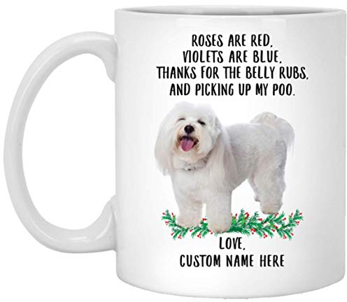 Kaffeebecher Coton De Tulear Weiße Rosen Sind Rot, Veilchen Sind Blau, Personalisierter Name Weiß Kaffeetasse Retro Weihnachtstasse Unisex Bürotasse Für Freunde Arbeit Familie 330Ml