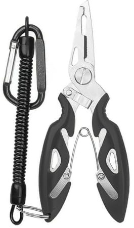 FONGKNOX Stainless Steel Fishing Pliers Hook Remover Tool Ring Spliting Line Cutting Multi-Functional Lightweight Fishing Scissors with Safety Lock Carabiner & Retractable Spring Cord & Bag Easy Black