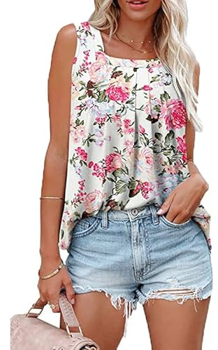 BSLVWG Womens Square Neck Tops Vest Sleeveless T-Shirt Pleated Floral Printed Tunic Blouse Tops Shirt Tops (UK, Alpha, XL, Plus, Regular, 01)
