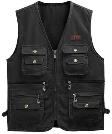 Sukany Men's Multi Pockets Cotton Outdoor Safari Fishing Vest Utility Photo Gilet Travel Journalist Hunting Hiking Jacket Waistcoat Black M