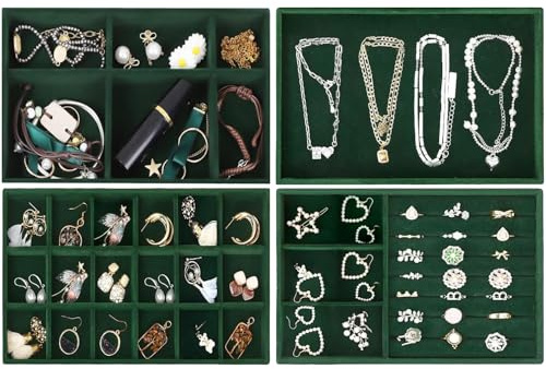 Lighterday Schmuckaufbewahrung Schublade,4 Stuck Schmucktablett,SchmuckkäStchen Schmuck Organizers Samt Stapelbar,Jewelry Organizer für Schmuck,Ohrringe,Armband,Ringe Aufbewahrung (Grün)