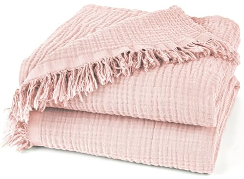 Pure Label Musselin Decke 130x170 Rosa aus Baumwolle | Oeko-Tex zertifizierte- 3-lagige Musselin Kuscheldecken für Couch & Sofa