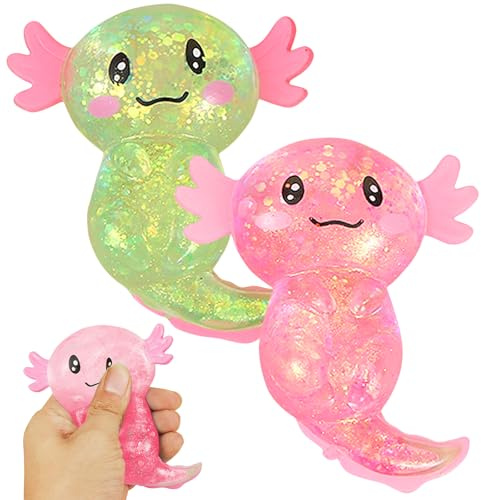 2 stycken Axolotl-leksaker, Axolotl Squeeze leksaker, söta tecknade glittrande squishy-leksaker, squeeze leksaker för barn och vuxna för att minska stress, avslappnande sensorisk för fester