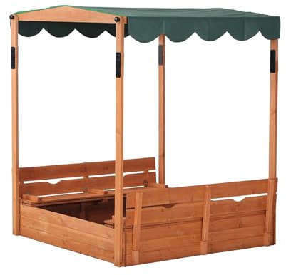 Wooden Sandbox with Adjustable Canopy and Bench Seats Sand Pit with Cover for Kids Ages 2 8