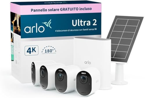 Arlo Ultra 2 4K avec SmartHub plus Panneau Solaire Offert, Camera Video Surveillance WiFi Exterieures Sans Fil, Vision Nocturne Couleur, Compatible Alexa, Essai Arlo Secure Inclus, Pack de 4 Cameras