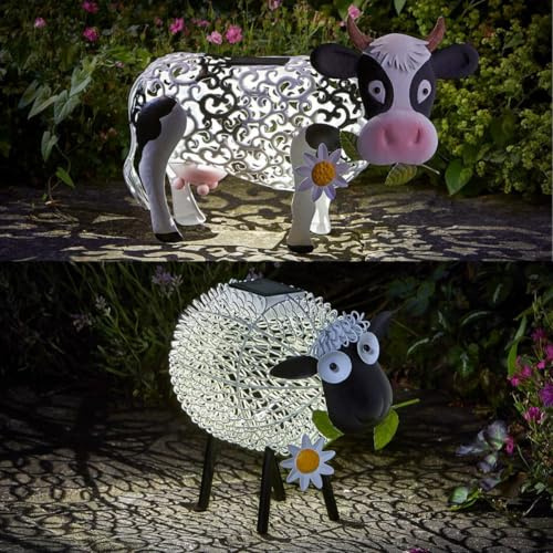 Festive Lights - 2er Set Solar Bauernhof Ornamente Kuh & Schaf - Handgefertigte Metall Gartenfiguren Farbwechsel & Weiße LED, Filigrane & Coil Shadow Muster, Wetterfester Stahl, Dämmerungssensor,