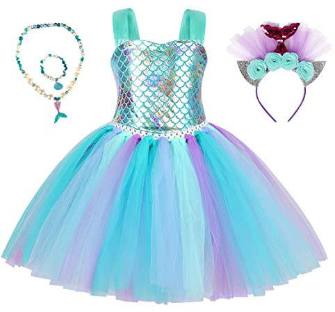 Kdemeng Fille sirène Tutu Robe fête d'anniversaire Enfants Bandeau et Collier Robe