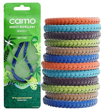 Camo Insect Repellent Anti Insect Bands, 12 Leather Adjustable Bracelets, Superior Strength UK Made Formulation, 250 Hrs of Natural Protection, Deet Free
