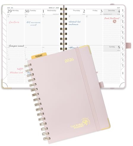 POPRUN Week to View 2026 Diary A5 (21.5x16 cm) Spiral Hard Cover Weekly Work Planner 26 with Large Writing Space, Monthly Tabs, 100GSM Paper (Light Pink)