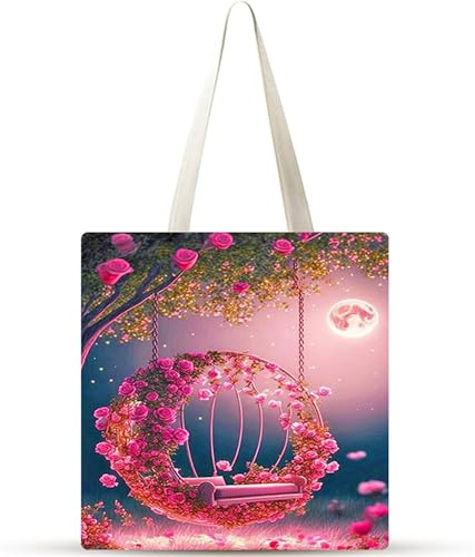 Cekog Lot de 1 Sac fourre-tout Esthétique en Toile avec Balançoire fleurie pour Femmes, Sacs de Plage, sacs de Courses,sac à Bandoulière,Tote Bag Réutilisables pour Travail École