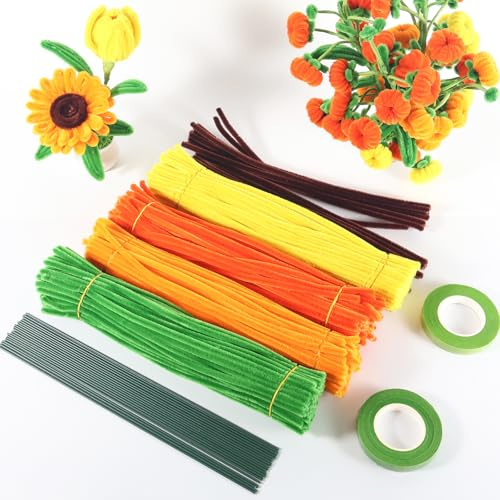 Pfeifenreiniger Blumen Set – 420 Pfeifenputzer zum Basteln mit 20 Blumendraht und 2 Floristenband für DIY Blumenstrauß, Sonnenblumen & Kürbis-Bonsai – Gelb, Goldgelb, Orange, Grün, Dunkelbraun