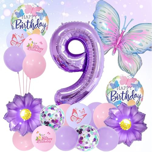 LUMOOM Farfalla Decorazione Compleanno Bambina 9 Anni Decorazione Compleanno Palloncini Farfalle Palloncino Palloncino a Numeri, Viola Festa Compleanno Bambini Decorazione per Bambini