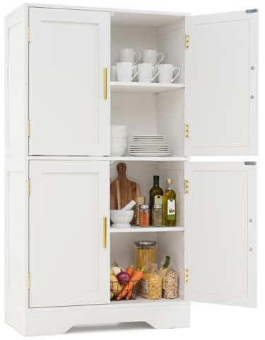 COSTWAY Küchenschrank aus Holz, Vorratsschrank Küche, Buffetschrank mit 4 Türen & 2 verstellbaren Regalen, Aufbewahrungsschrank freistehend für Wohnzimmer, Esszimmer, 60 x 30 x 110cm (Weiß)