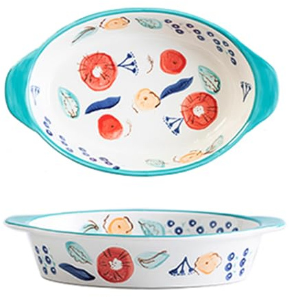 Dxcaicc Plato Para Lasaña De Cerámica, 2 Piezas, Bandeja Para Hornear Ovalada De Doble Asa, Pintada A Mano, Con Patrón Fresco, Platos Para Hornear, Utensilios Para Hornear,Green flowers