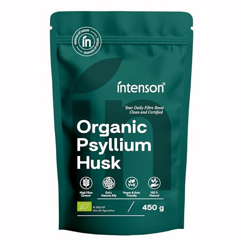 Intenson Psyllium Husk Organic, 450 g, EU-Certified Organic, High Fibre Content, 100% Natural, Vegan and Keto-Friendly, Gluten-Free, No Additives