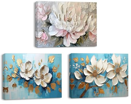 PIY PAINTING Fleur Tableau Mural Sur Toile, Blanc Or Bleu Peinture à l'Huile Imprimée Sur Toile, Moderne Canvas Image Botanique Pour Bureau Salle De Bain Entrée Décoration Murale, 3x 30x40 cm, Encadré
