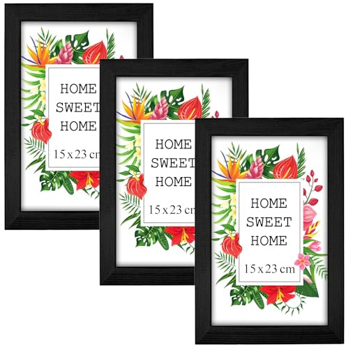 MG Design Lot de 3 Cadres Photo 15 x 23 cm en Bois Massif – Noir, avec Verre Acrylique – à Suspendre ou à Poser, Orientation Verticale ou Horizontale – pour Photos, Affiches, Puzzles
