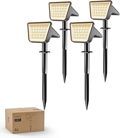 Philips Lot de 4 Projecteurs Spots Lampes Solaires d'Extérieur Étanches, 28 LED 3000K, Éclairage Paysager pour Jardin, Allée et Pelouse, Fonction Crépuscule à l'Aube