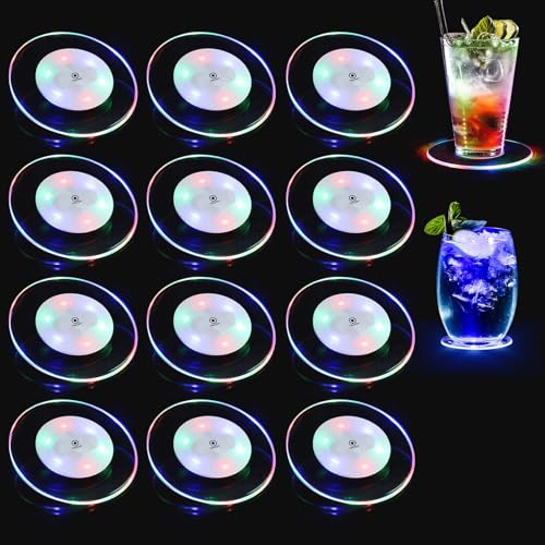 12 Stück Bunt LED Untersetzer, 3 Beleuchtungsmodi Leuchtende Untersetzer, Acryl Rund wasserdichte Leuchtuntersetzer, LED Untersetzer für Gläser, Untersetzer Leuchtend für Gläser Flaschen Party