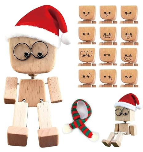 RQcMid Wackelfigur Auto, Wackelnder Holzmann Mit 12 Magnetischen Gesichtsausdrücken, Mütze Und Schal, Schüttelmann Aus Naturholz Für Armaturenbrett Dekoration, Lustige Wackelnde Holzfigur Für Fahrer