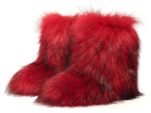 Women Furry Faux Fur Boots Fluffy Fuzzy Comfy Snow Boot Colorful Round Toe Suede Flat Shoes Rubber Sole Girl Outdoor Indoor Christmas Fashion Party (Artificial Raccoon Fur/Red Black/10