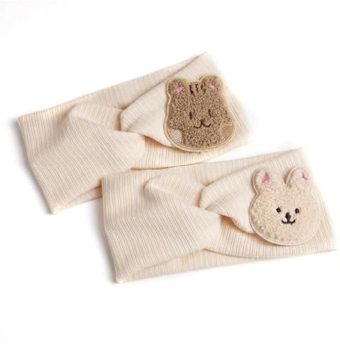 YAPKOLV Set di 2 Fasce per Capelli per Bambini, Fascia per Capelli con Motivo a Cartoni Animati, Intrecciata, Morbida ed Elastica con Orsetto e Coniglietto (Beige)