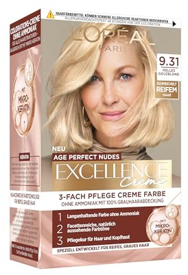L’Oréal Paris Excellence Creme Age Perfect Nudes 9.31 Helles Goldblond, dauerhafte Haarfarbe, permanente Coloration, 100% Grauabdeckung, für reifes, dünnes Haar, 1 Stück
