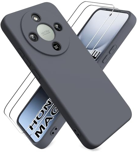 Ikziwreo Funda para Honor Magic 8 Lite 5G - Gris Oscuro | 2 Protector Pantalla de Vidrio Templado, Case de Goma a Prueba de Choques a los Arañazos, Carcasa de Líquida Silicona Suave
