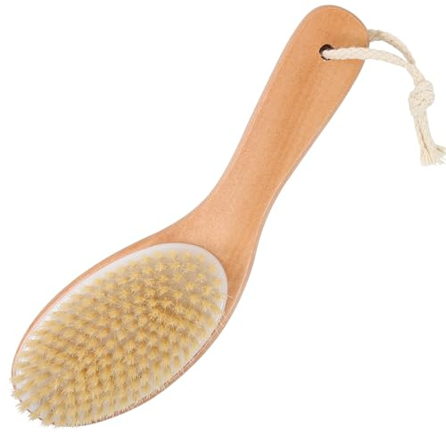 OWIIZI Dry Brushing Body Brush, Natural Boar Bristles Body Scrubber for Bath, Wooden Handle Lymphatic Drainage Brush for Skin Exfoliation and Foot Scrubbing