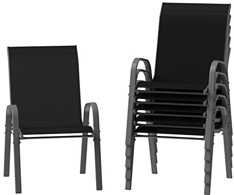 Amopatio Gartenstühle Stapelbar 6er Set, Hochlehner Stapelstühle aus Textilene und Metallgestell, Terrassenstühle Balkonstuhl mit Armlehnen Wetterfest, 60 x 72 x 96 cm, Schwarz