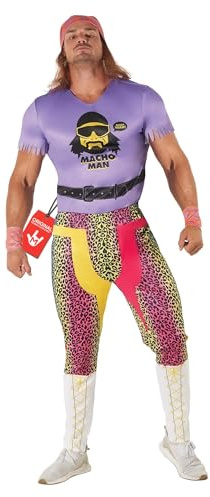 Morph Wrestling Kostüm Herren, Macho Man Halloween Kostüm Herren | Oberteil, Hose, Manschetten & Bandana, Lila Design, Zum Überziehen, Perfekt für Halloween, Ideal für Cosplay