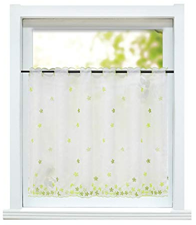 ESLIR Scheibengardine, Kurzgardine Bestickt, Blumen Grün HxB 75x110cm | Voile Landhaus Bistrogardine, Küche Gardinen, Transparent Vorhänge mit Stickerei, 1 Stück