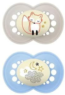 MAM Original Night Succhietto 6+ Mesi (Set da 2), Ciuccio MAM 6-16 mesi che si illumina al buio con tettarella in silicone, Kit da 2 accessori neonato con porta ciuccio sterilizzatore, Azzurro/Neutro