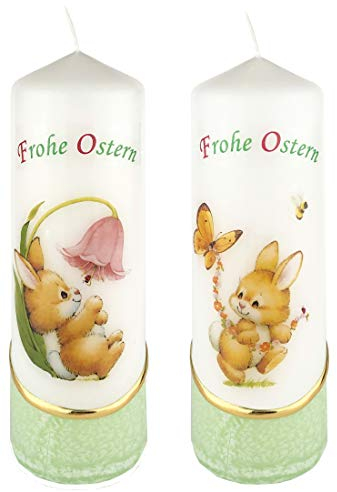 Meissner-Handel Auswahl * 2 Stück Osterkerze Stumpenkerze Osterdeko * 6 x 18 cm * mit farbigen Wachs- und Bildauflagen * Auswahl Motiv + Farbe * grün * (Serie 1 - Set 01/03)
