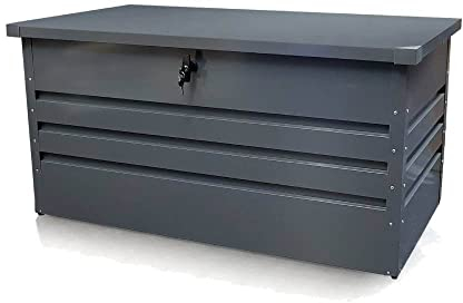 TERRE JARDIN Abri de Jardin 600L, Coffre de Rangement Metallique, Vérin à gaz, Verrouillable, Coffre Extérieur - 165 x 70 x 62 - Gris