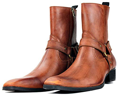 COWSDELLA =Stivali da uomo in pelle con suola in gomma Stivali da Moto da Motociclista Cowboy con cerniera Chukka Stivaletti Classico Tacco Alto &B24