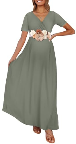Kim S, Vestido Largo de Maternidad con Banda de Flores y Cuello en V de Fruncido Envolvente, para sesión de Fotos y Fiesta del bebé, S-XXXL, S