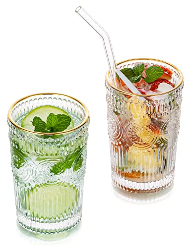 Water Glasses Drinking 400ML Gold Rim Vintage Tumblers Glass Set of 2 Tall Highball Glass for Juice Coffee Tea for Party, Bar