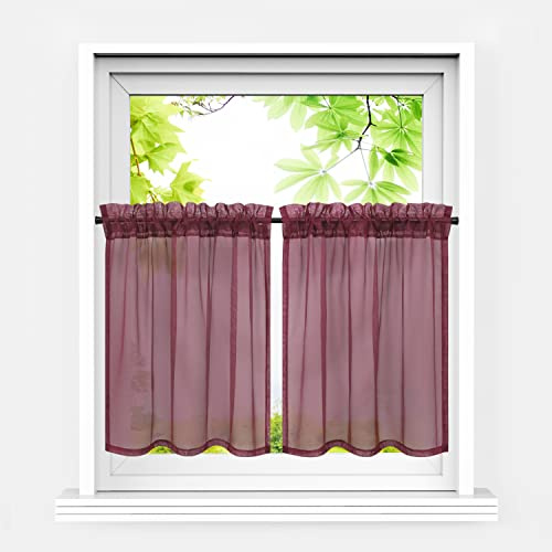 HeichkelL Scheibengardinen, Einfarbige Fensterschals, Weinrot BxH 76x92cm*2 | 2er Set Bistrogardine, Voile Transparent Paarig Kurzstores, Küche Vorhang