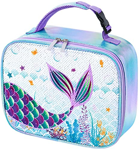 WAWSAM Sequin Mermaid Kids Lunch Bag - Insulated Waterproof Lunch Box for Girls School Travel Office Picnic Workout Camping Food Bag Portable Reusable Blue Lunch Tote with Handle and Pocket