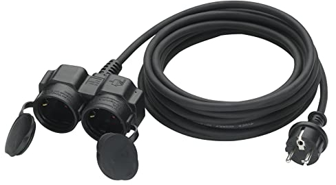 Verlängerungskabel Outdoor 5m mit 2 Schuko-Steckdosen, Gummi Doppel-Verlängerung 3500W mit Schutzkappe für den Außenbereich IP44, Stromkabel H05RR-F 3G1,5mm² mit Doppelsteckdose, 16A/250V, Schwarz