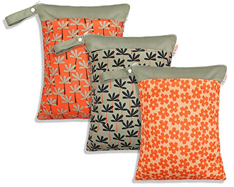 Treer 3 Stück Wetbag Kindergarten, Stoffwindeln Nasstaschen Baby Wetbag Wasserdicht Waschbar Kleinkind Windeln Organizer Beutel mit Reißverschluss (Rot Geblümt,30x40cm)