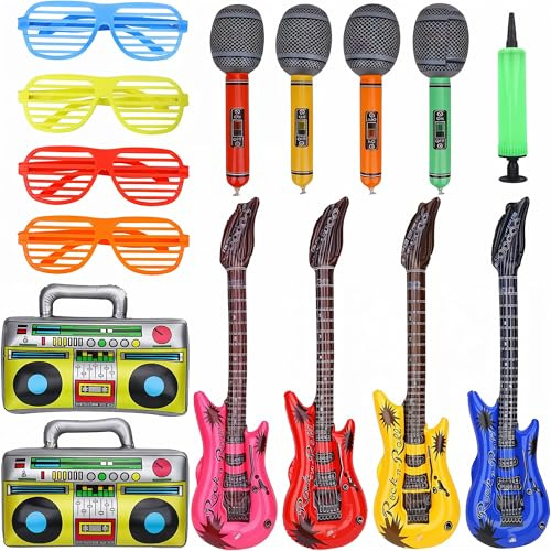 Trimming Shop 15pcs Inflatable Musical Instruments Party Props Set | 95cm Guitar, Microphones, Radios, Shutter Glasses & Air Pump 80s 90s Birthday, Hen Night, Stag, Photo Booth Accessories