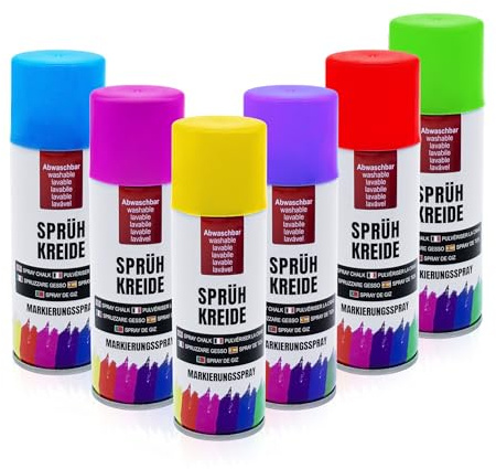 Spetebo Sprühkreide wasserlöslich 100 ml Dose - 6er Set - Kreidespray in 6 verschiedenen bunten Farben - Flüssigkreide Markierungsspray abwaschbar Straßen Kreide Marker rot gelb grün pink lila blau