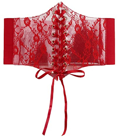 DAIHAN Damen Breit Bestickte Spitze Stretch-Gürtel Kleid Dekorativ Elastischer Cinch Gürtel Bund Wickeln Sie Korsettgürtel Wickel Taillengürtel mit verstellbarer Bindung Rot