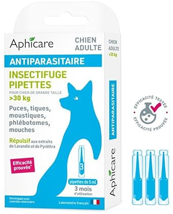 APHICARE - Pipette Antiparasitaire Grand Chien (>30 kg) - Antipuces et Anti-Tiques - 3x5 ML - Fabriqué en France