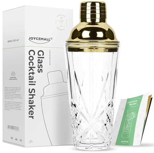 JOYCEMALL - Coctelera de cristal de 14.5 onzas, corte Martini con tapa de acero inoxidable y colador, para uso doméstico y cóctel de whisky (dorado)